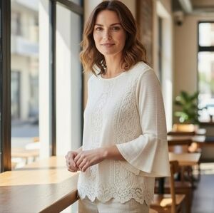 NWOT Chico's Cream Color Lace Front Bell Sleeve Jersey Knit Top